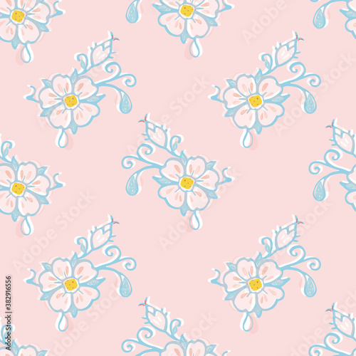Retro folk art wild rose pattern. Vector illustration. Vintage embroidery style rose, half drop pattern. Vintage kitchen, folk art, hand drawn floral design. Line art florals and cut out shapes on