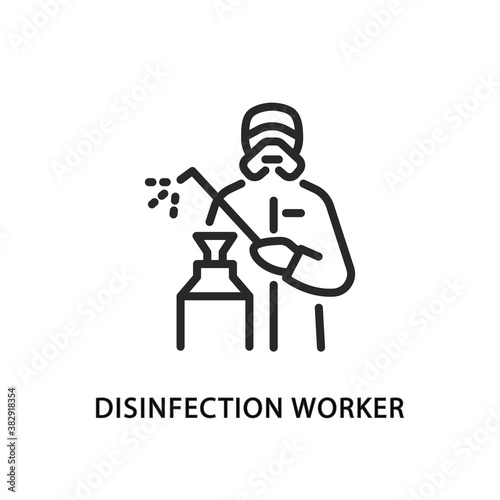 Disinfection worker flat line icon. Vector illustration of a man in protective coveralls wearing a respirator and holding a disinfectant. Pest control service.
