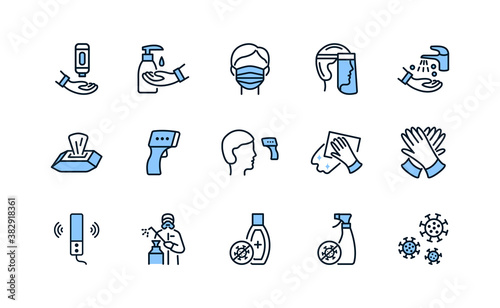 Line icons set about disinfection and personal protective equipment blue color. Vector illustration antiviral actions. Editable strokes.