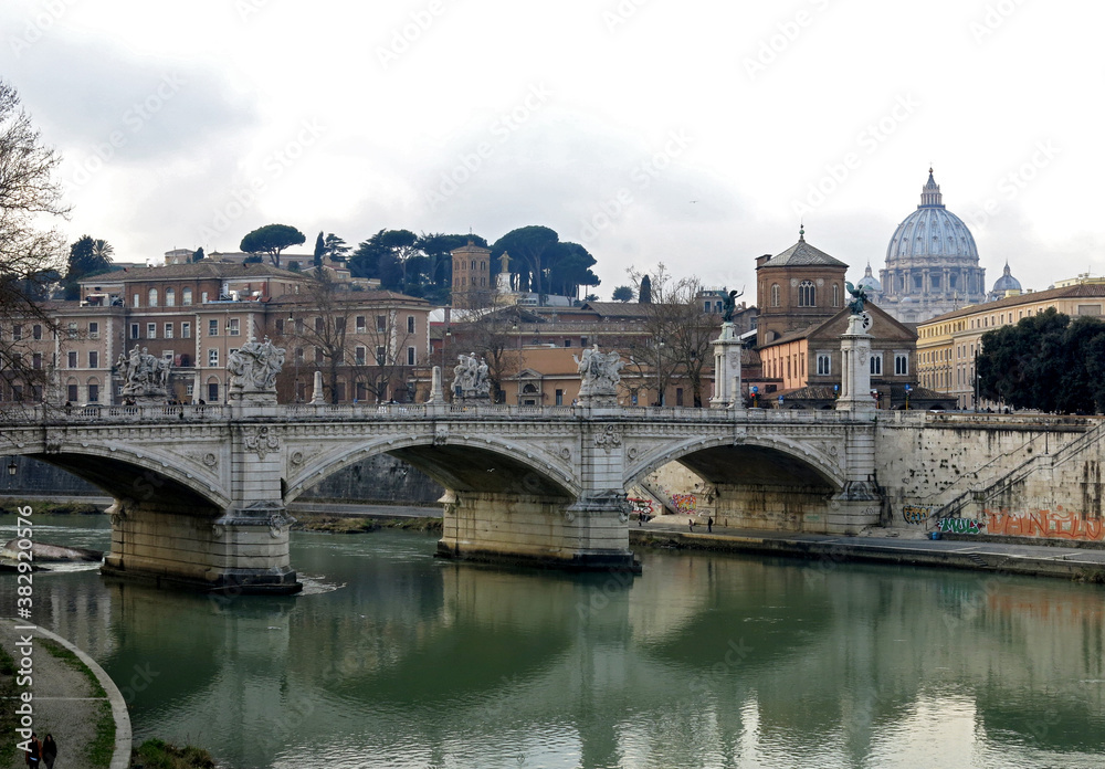 Vatican View From Ponte Sant´Angelo with Basilica St Peter, in Rome, Italy.