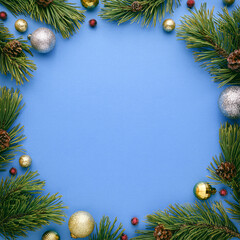 Christmas card with round frame on blue background