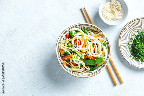 Vegan asian noodles served in bowl