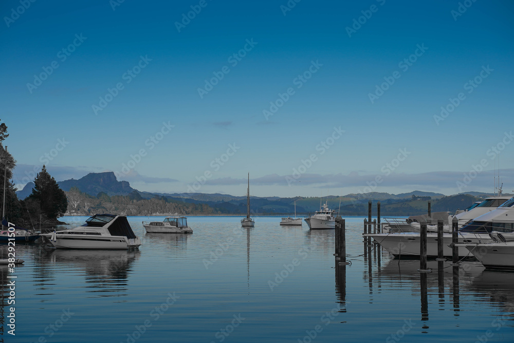 a beautiful landscape image with harbor boats from the northern part of New Zealand