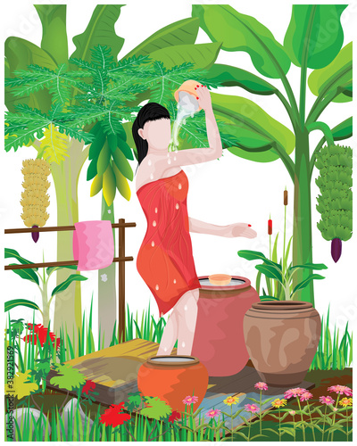 lovely woman take a bath at countryside vector design