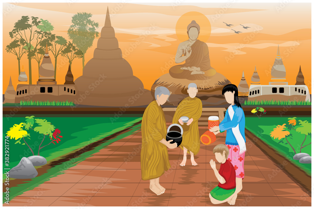 Buddhist monks going for alms in the morning vector design - obrazy, fototapety, plakaty 