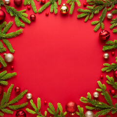 Christmas card with round frame on red background