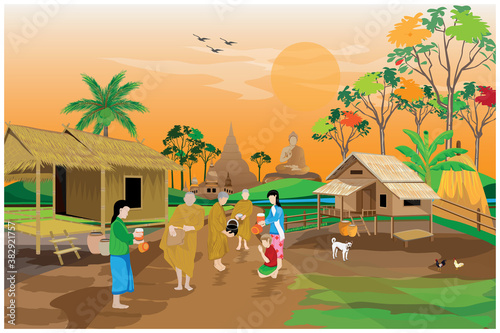 Buddhist monks going for alms in the morning vector design