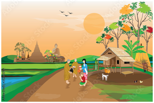 Buddhist monks going for alms in the morning vector design