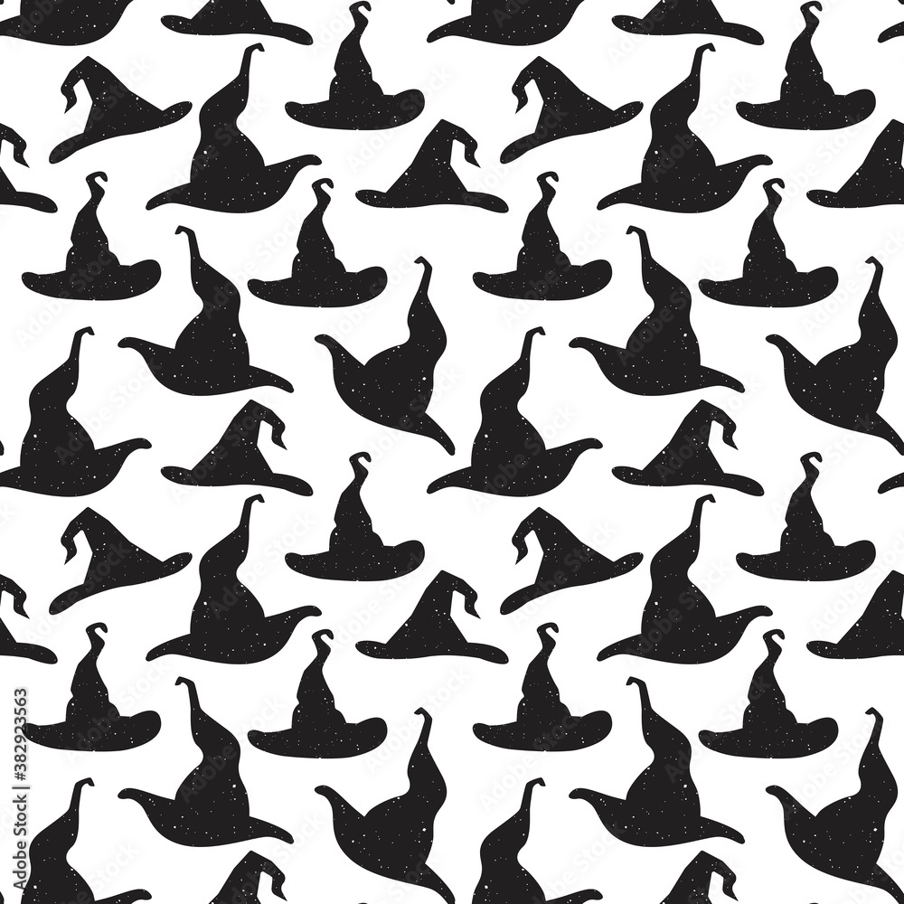 Vector seamless horror pattern for Helloween. Witch or wizard hats. Black silhouette on white background.