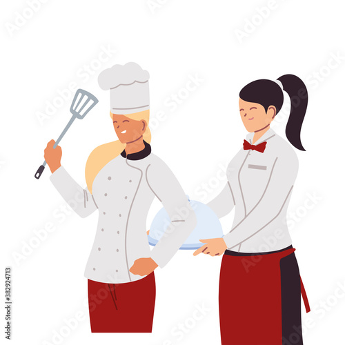 women chef and waitress utensils