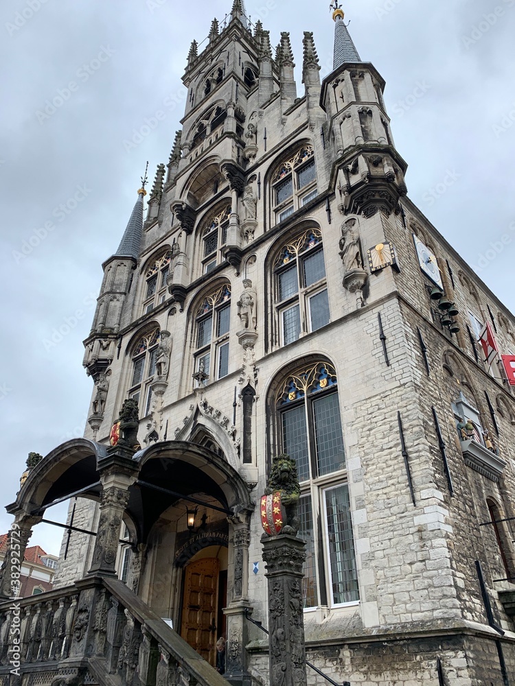 Fototapeta premium Facade of the historic Gouda stadhuis (city hall) which was built in 1450. Gouda, South Holland / Netherlands 