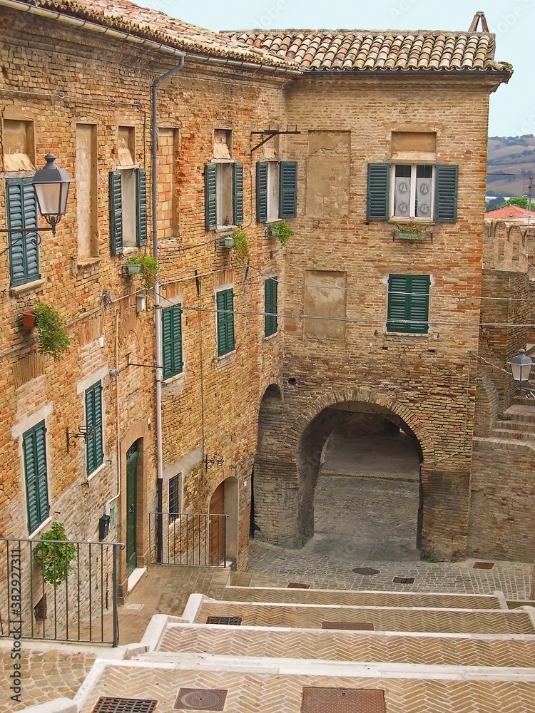 Italy, Marche, Corinaldo, typical city medieval steps. The place is warm and attractive.