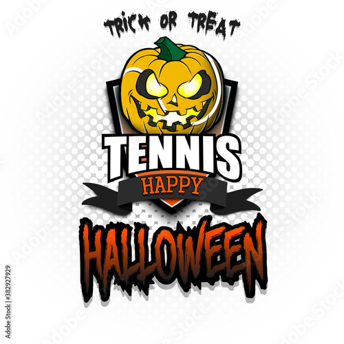 Happy Halloween. Template tennis design. Logo tennis ball in the form of a pumpkin on an isolated background. Pattern for banner, poster, greeting card, flyer, party invitation. Vector illustration