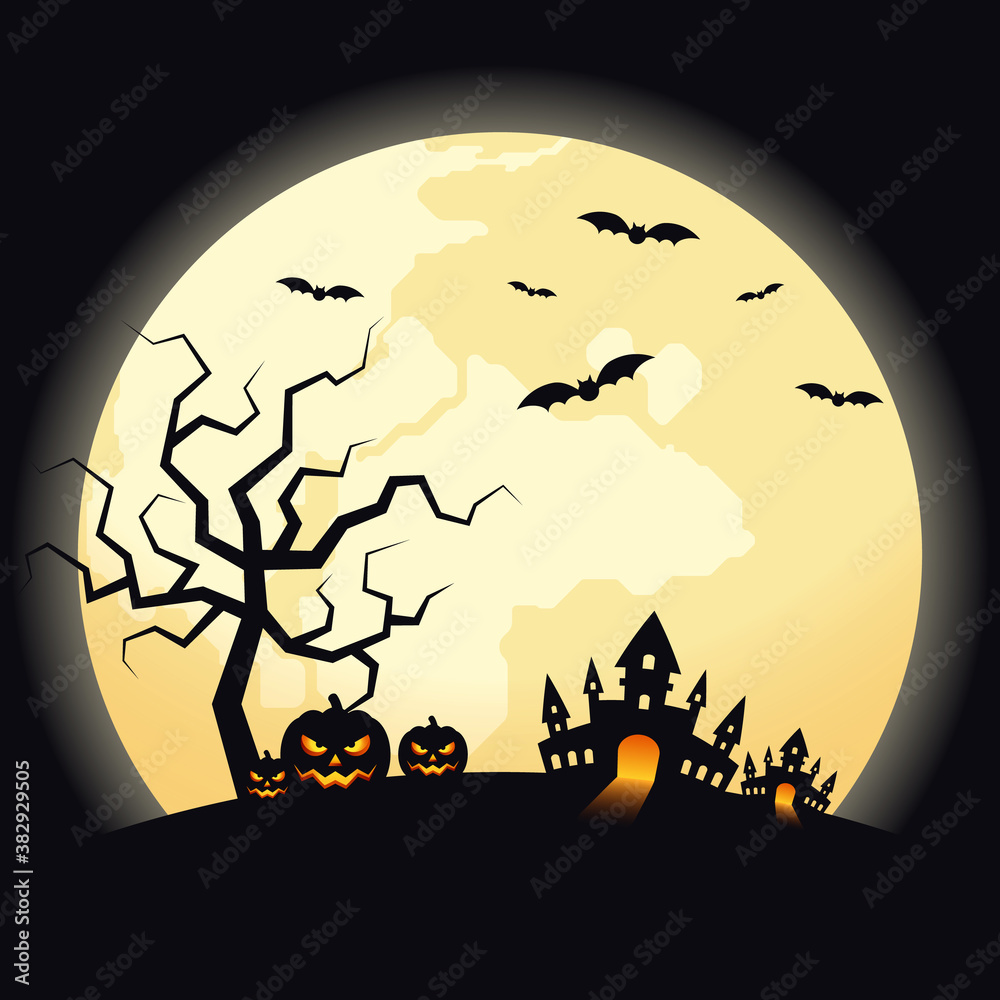 Halloween night scenery background decorative with pumpkin, castle, and bats Halloween night scenery background decorative with pumpkin, castle, and bats