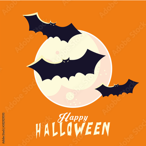 Halloween bats cartoons in front of moon vector design