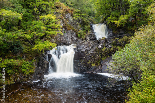 shot of Eas Chia-Aig waterfalls in Glen Chia-Aig near Achnacarry  Gairlochy and Fort William in the argyll region of the highlands of Scotland during autumn after heavy rainfall