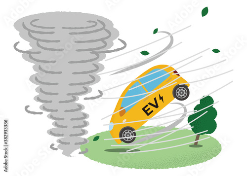 竜巻の被害に遭う黄色い電気自動車のベクターイラスト