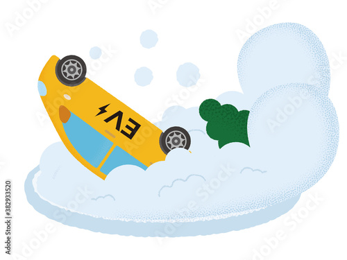 雪崩の被害に遭う黄色い電気自動車のベクターイラスト