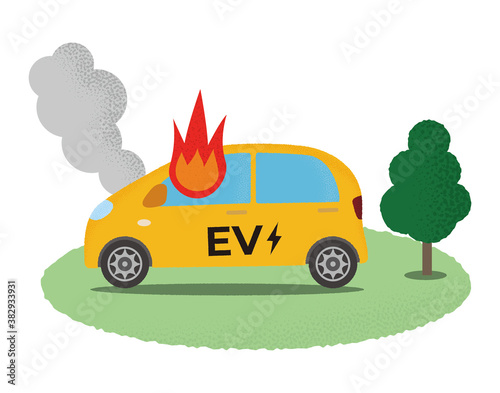 火災に遭う黄色い電気自動車のベクターイラスト
