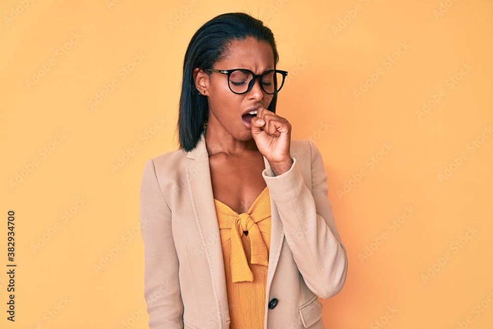 Young african american woman wearing business clothes feeling unwell and coughing as symptom for cold or bronchitis. health care concept.