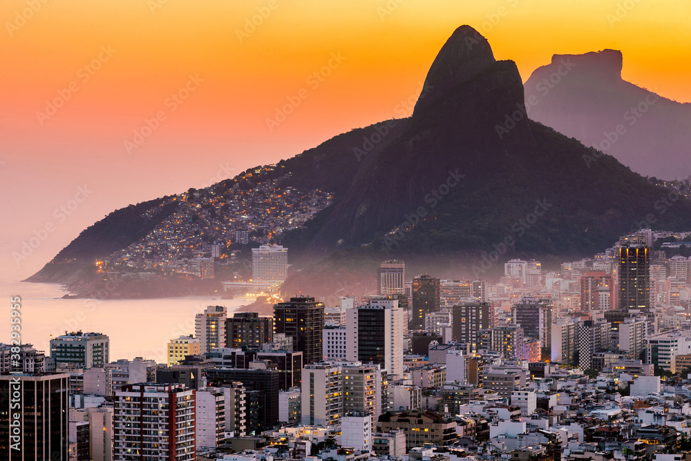 Obraz premium View of Ipanema and Leblon District Buildings and Two Brothers Mountain by Sunset in Rio de Janeiro, Brazil