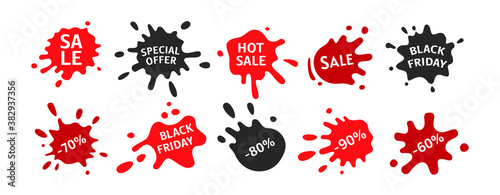 Black Friday sale splash shape set. Template decorative shapes liquids, black and red ink splatter collection. Stain ink collection, paint blob, spatters cartoon style. Vector illustration