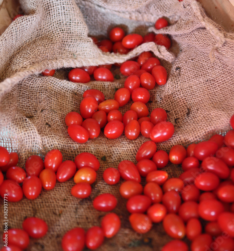 Red cherry tomatoes on the sack.