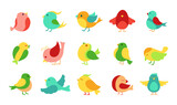 Bird in different pose cartoon set. Cute colorful little flying birds. Hand drawn flat abstract icon. Modern trendy logo. Vector illustration