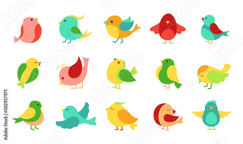Bird in different pose cartoon set. Cute colorful little flying birds. Hand drawn flat abstract icon. Modern trendy logo. Vector illustration