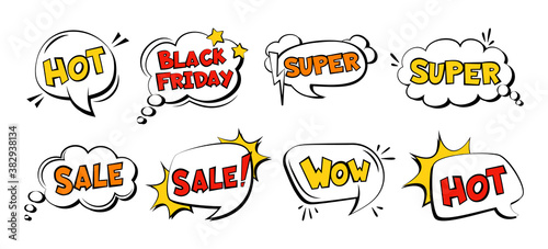 Black Friday Speech bubble comic sale template set. Retro design font, label explosion, cloud, message. Text, dialog clouds halftone dot background. Advertising sales, promotion, cartoon discount.
