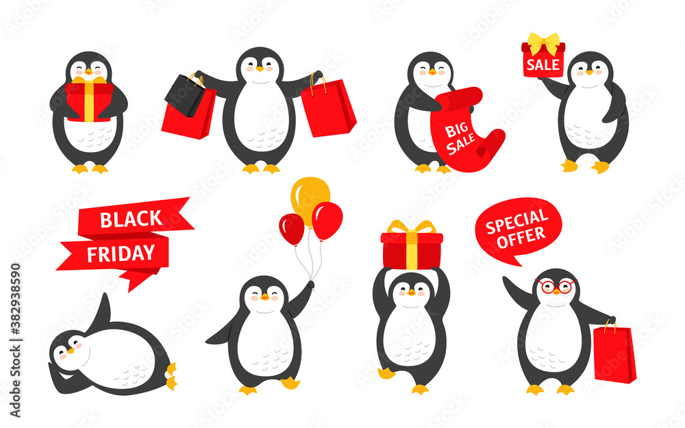 Obraz premium Black Friday Penguin cartoon set. Smile happy character with sale background or speech bubble. Cute flat hand drawn penguins collection. Isolated vector illustration