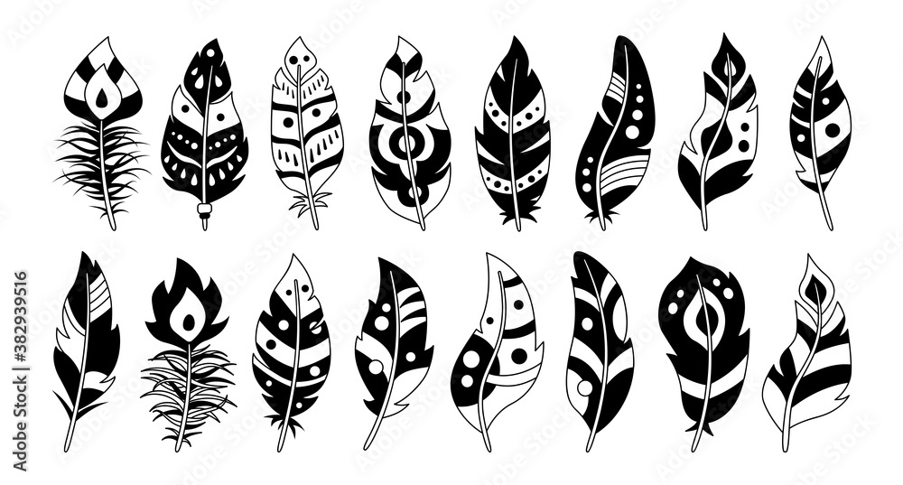 Boho feather black glyph cartoon set. Bird feathers pattern, hand drawn design collection. Ethnic bohemian style, hipster, indian symbols. Black and white. Vector illustration