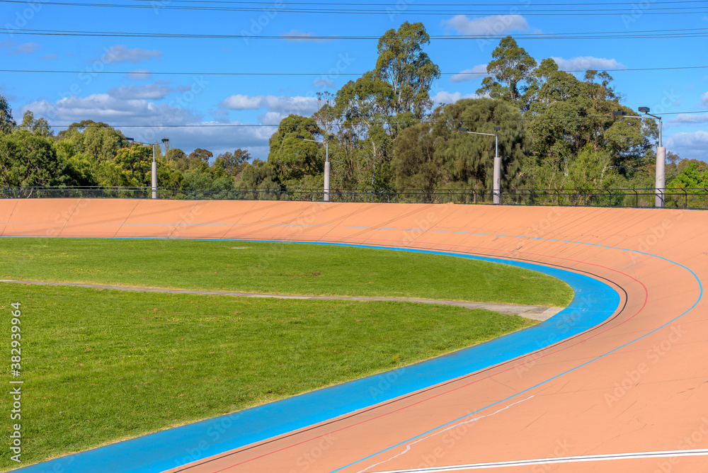 The steeply banked oval tracks of a Velodrome in Brunswick East, Melbourne, Australia