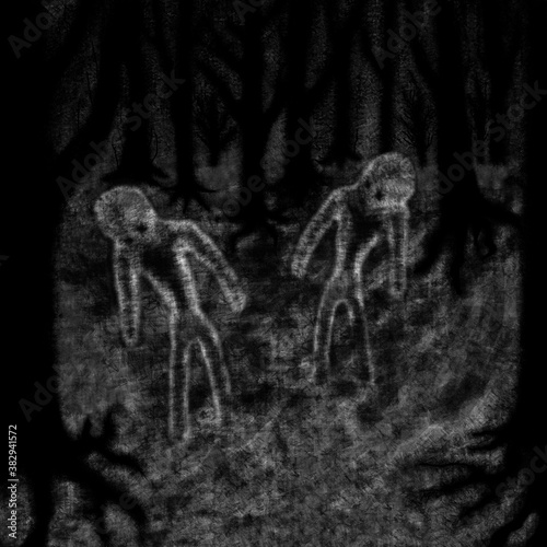 Two figures walk in a dark forest, they look like aliens or ghosts, digital painting, concept for suspense and horror.
