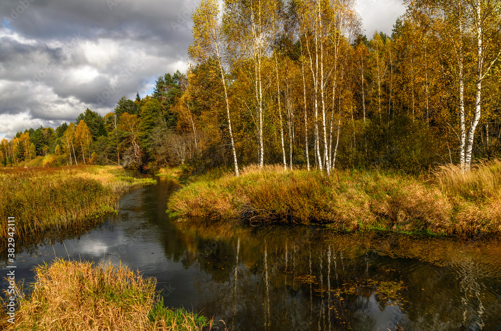 Fototapeta premium Autumn landscape with winding river and trees