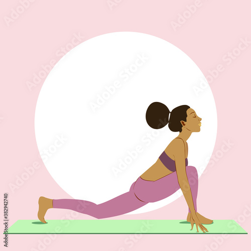 Black girl with afro hair practices yoga in equestrian pose. Healthy lifestyle and wellness concept. Flat vector illustration for Yoga Day. Ashwa Sanchalanasana  pose. Sun salutation, surya namaskar