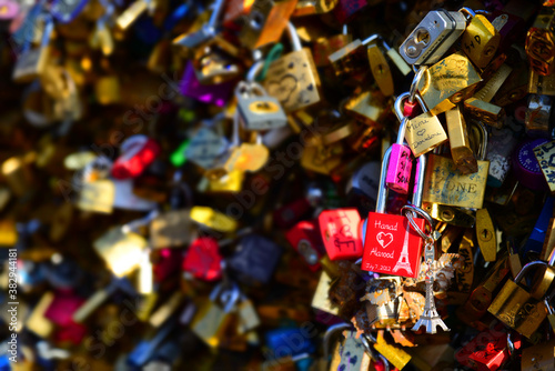 Close up of the padlocks on the Pont des Arts Bridge in Paris,