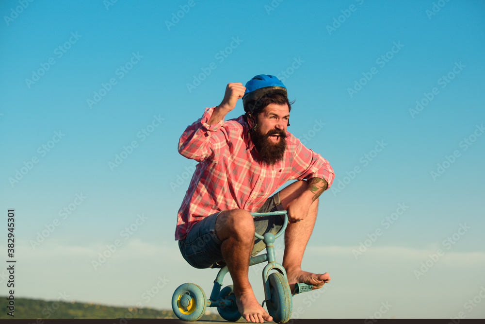 Funny bicycle rider. Comic man ride bike. Stock Photo | Adobe Stock