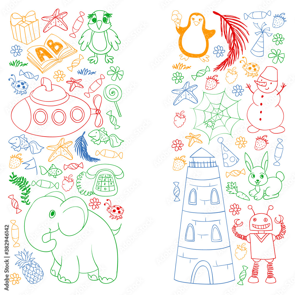 Vector kindergarten pattern with animals and toys. Illustration for little boys and girls.