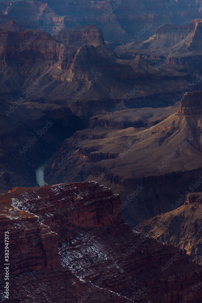 Sunset in the grand canyon. Panoramic view of the landscape of the grand canyon of colorado.