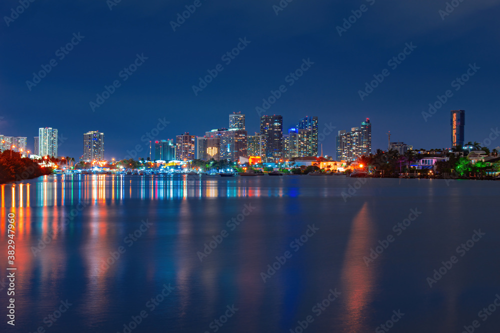 Miami skyscrapers at the night, south beach. Miami skyline.