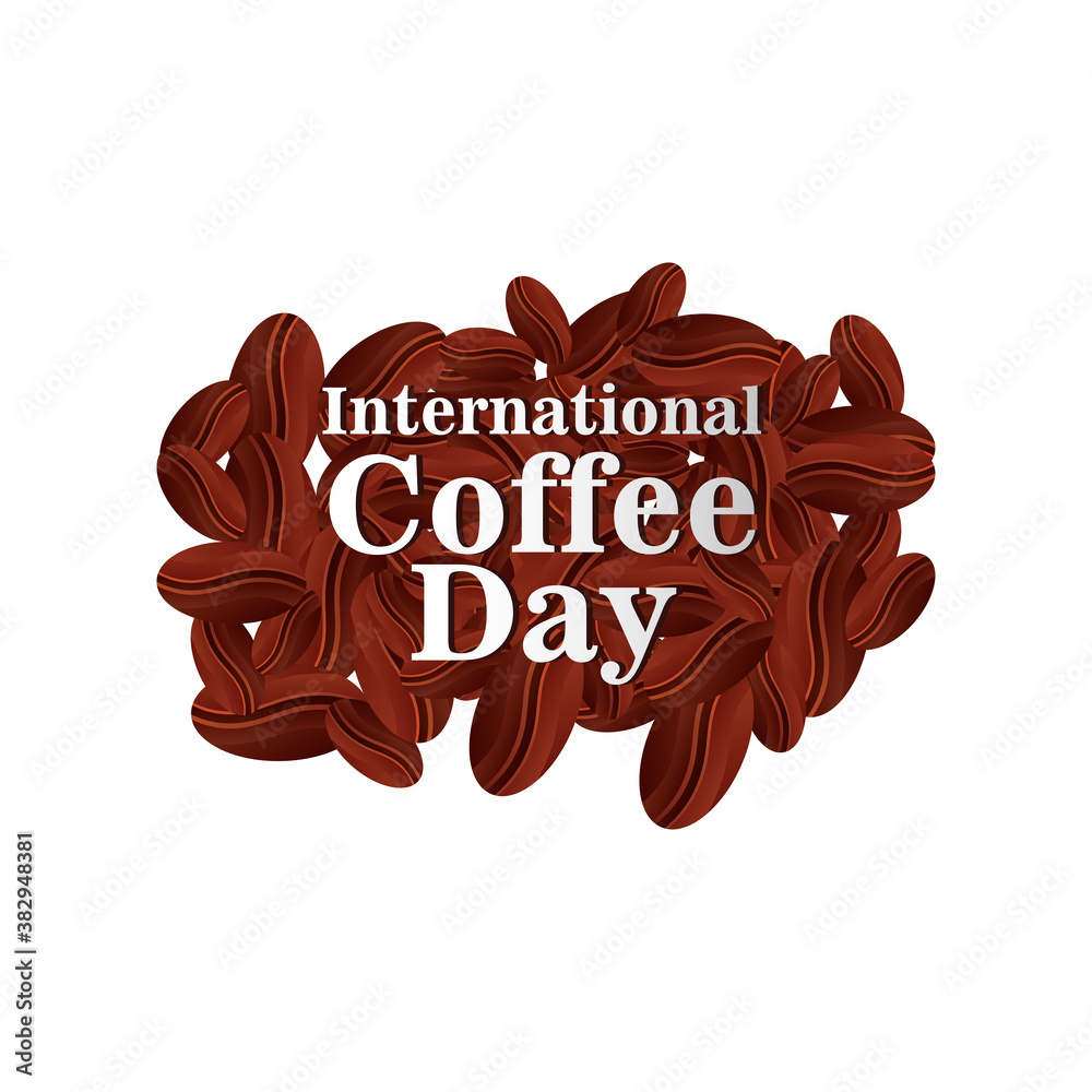 international coffee day label with coffee beans on white background international coffee day label with coffee beans on white background