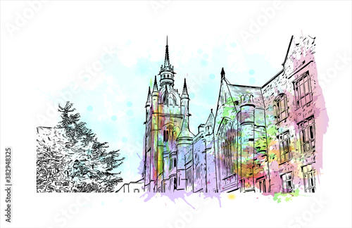 Building view with landmark of Belfast is the capital and largest city of Northern Ireland. Watercolor splash with hand drawn sketch illustration in vector.