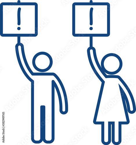A man and a woman taking part in a political rally, demonstration. Aqutivist people icon holding a banner, poster with an exclamation mark. Public protest. Vector illustration. Flat infographics.