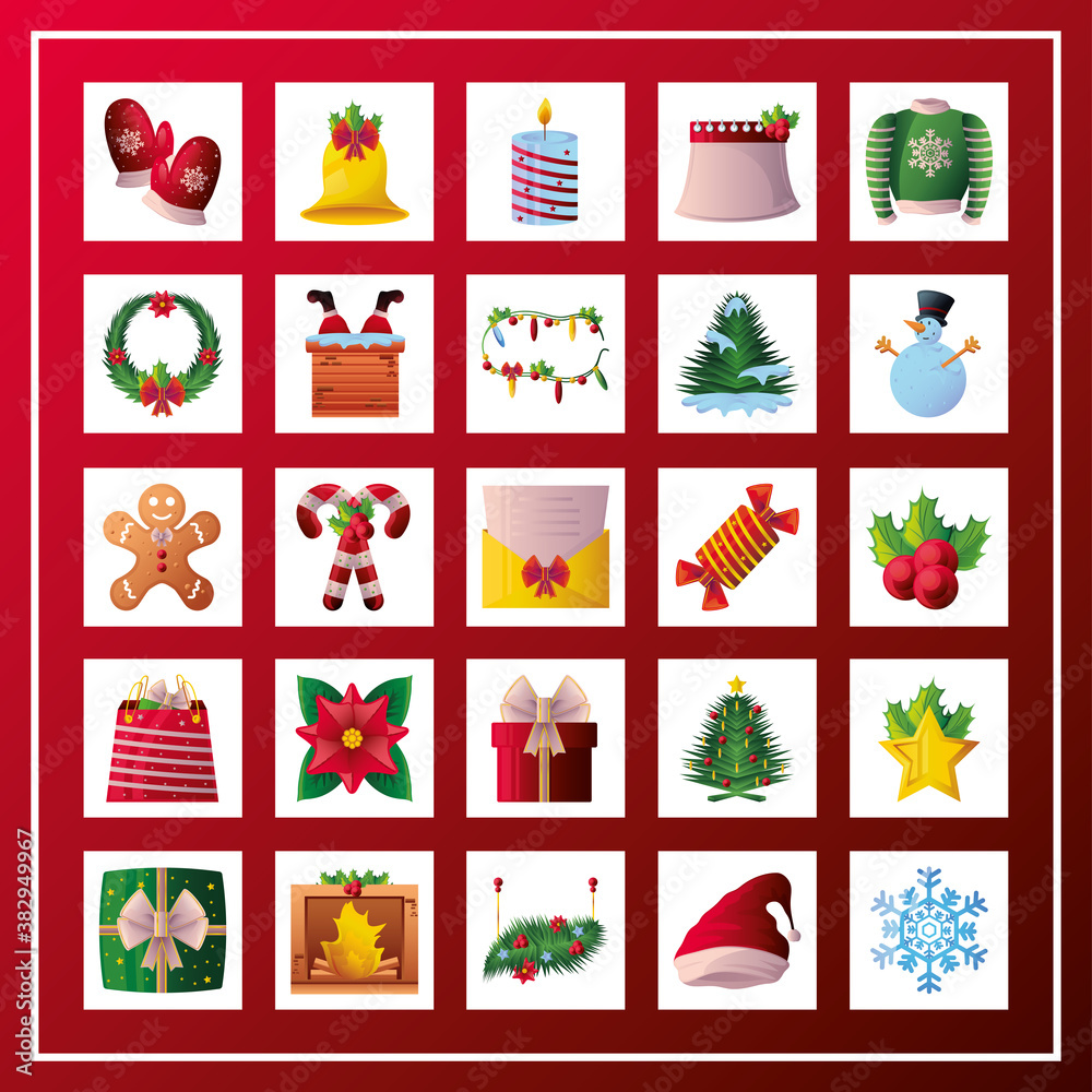 set of christmas icons on red background set of christmas icons on red background
