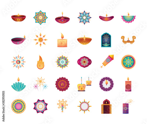 set of icons for india festival of lights on white background