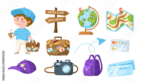 Fototapeta Naklejka Na Ścianę i Meble -  Traveling cartoon cute boy with coffee and suitcase - kids travel or vacation clipart bundle, character with globe, air tickets, camera, backpack, isolated elements on white background - vector