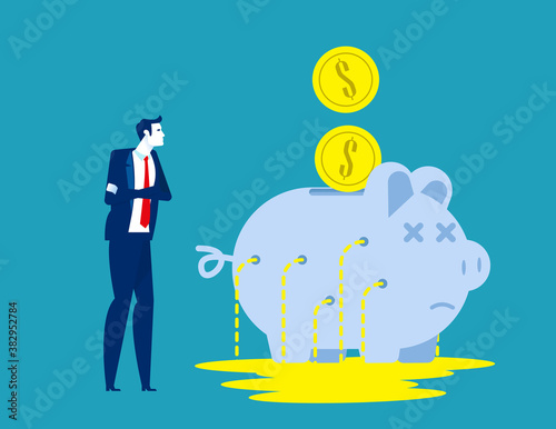 Business person with leaking piggy bank. Business financial vector