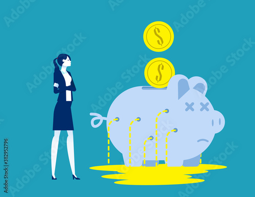 Business person with leaking piggy bank. Business financial vector