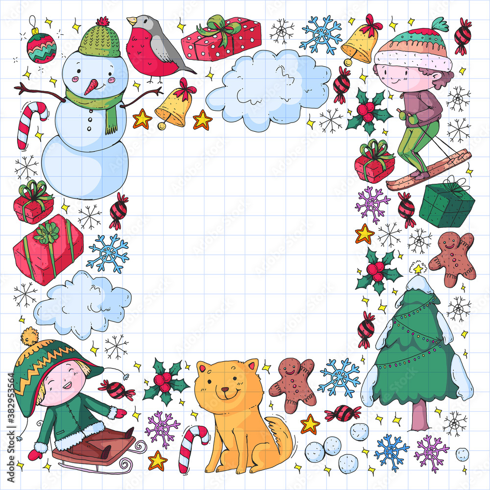 Fototapeta premium Christmas winter vector background with children. Kids vacation and sport.